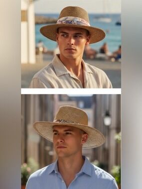 2 COUNTRY GENTLEMEN VINTAGE STRAW HAT FEDORA CLOTH PRINT BAND ECLECTIC GRANDPA M